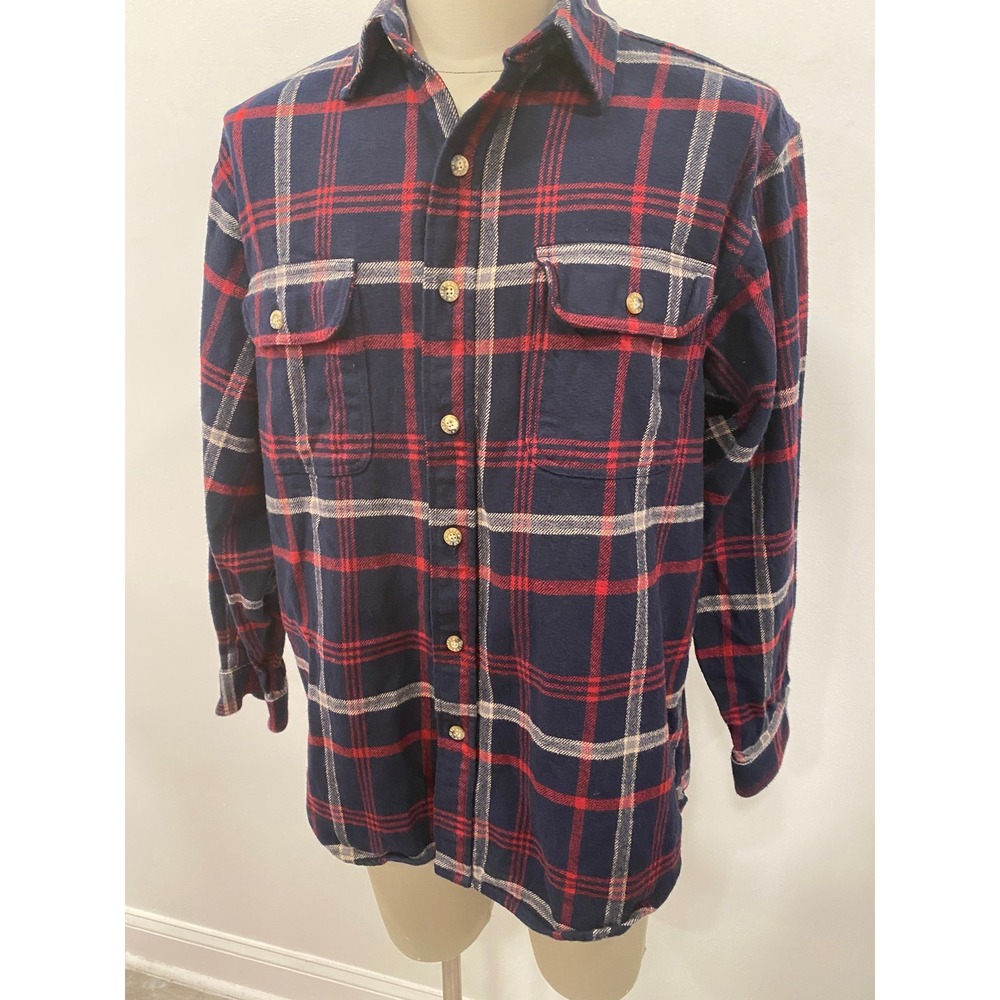 Moose Creek Men Large Navy Red Plaid Cotton Flannel Button Down Shirt Pockets
